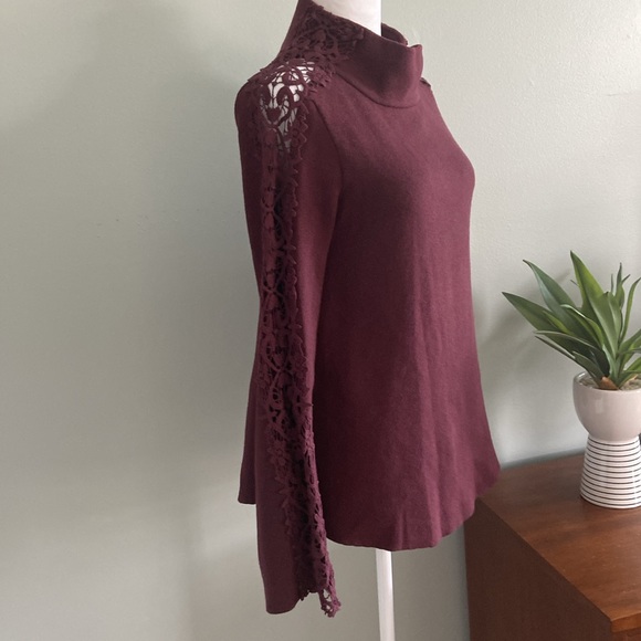 Anthropologie Deep Wine Colored Mock Neck Lace Detailed Sweater Size S - Picture 3 of 10